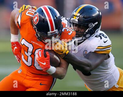 Denver Broncos running back Phillip Lindsay (30) takes part in drills  during the opening day of the team's NFL football training camp Thursday,  July 18, 2019, in Englewood, Colo. (AP Photo/David Zalubowski