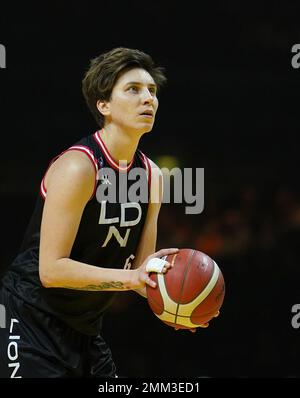 London Lions' Katsiaryna Snytsina shoots during the game against Leicester Riders, during the Women's British Basketball Cup Final match at the Utilita Arena Birmingham. Picture date: Sunday January 29, 2023. Stock Photo