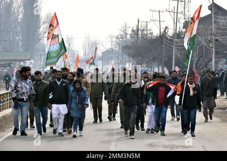 Srinagar, India. 29th Jan, 2023. Supporters of Indian National Congress hold party flags as they walk through the road during a 'Bharat Jodo Yatra' march in Srinagar. Congress leader Rahul Gandhi resumed his 'Bharat Jodo Yatra' in Srinagar on Sunday, as the foot march entered its last day. Gandhi, along with his sister were joined by hundreds of Congress supporters, including women, who were seen carrying the tricolour and party flags. Credit: SOPA Images Limited/Alamy Live News Stock Photo