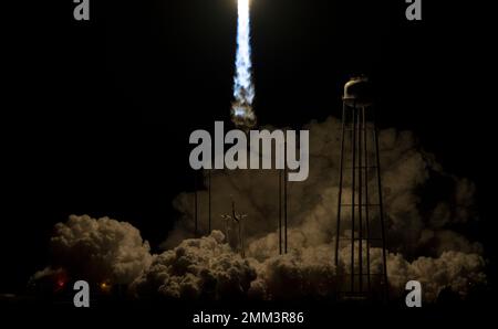 The Northrop Grumman Antares rocket, with Cygnus resupply spacecraft onboard, launches from Pad-0A, Saturday, Nov. 17, 2018 at NASA's Wallops Flight Facility in Virginia. Northrop Grumman's 10th contracted cargo resupply mission for NASA to the International Space Station will deliver about 7,400 pounds of science and research, crew supplies and vehicle hardware to the orbital laboratory and its crew. (Joel Kowsky/NASA via AP)