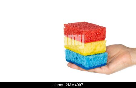 Multicolored sponges for cleaning red blue yellow Stock Photo