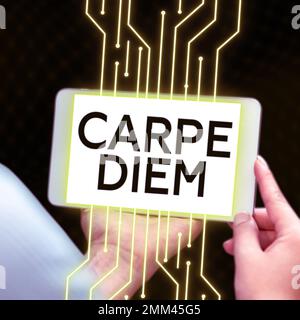Sign displaying Carpe Diem. Word Written on public festival which people play music and dance Stock Photo