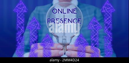 Conceptual caption Online Presence. Word for existence of someone that can be found via an online search Stock Photo