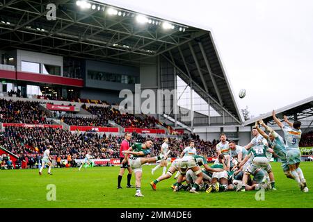 A general view of play during the Gallagher Premiership match at the Gtech Community Stadium, London. Picture date: Sunday January 29, 2023. Stock Photo