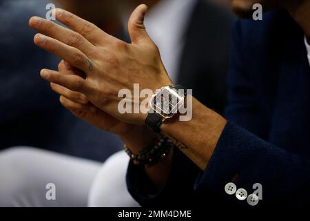 Golden State Warriors Stephen Curry wears a a Cartier wrist watch as the Warriors play the Dallas Mavericks during the second half of an NBA basketball game Saturday Nov. 17 2018 in