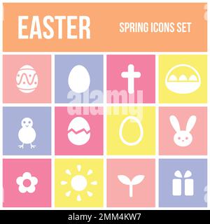 Set of twelve colorful Easter icons in simple flat style. Vector illustration. Bright pastel colored background. Stock Vector