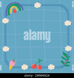 Rainbow frame background, blue aesthetic grid pattern with cute doodle vector Stock Vector