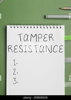 Text caption presenting Tamper Resistance. Word for resilent to physical harm, threats, intimidation, or corrupt persuasion Stock Photo