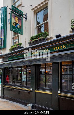 Duke of York Pub Fitzrovia London. Painting of the current Duke of York Prince Andrew on the Duke of York Pub in Rathbone Street Central London. Stock Photo