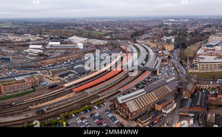 YORK, UK - JANUARY 28, 2023.  An aerial view of the buildings and surrounding area of York train station in North Yorkshire Stock Photo