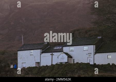 White Wells spa cottage on the side of Ilkley Moor on an atmospheric December day next to Ilkley spa town in West Yorkshire, England, UK Stock Photo