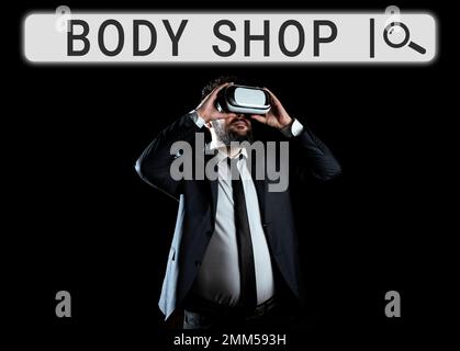 Hand writing sign Body Shop. Concept meaning a shop where automotive bodies are made or repaired Stock Photo