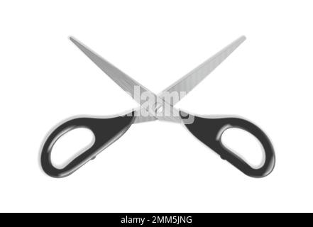 Realistic scissors with black handles. Professional or hobby tool. Detailed graphic design element. Office supply, school stationery. Isolated on whit Stock Vector