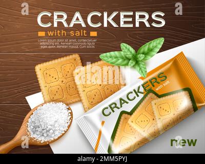 Salty crackers poster. Realistic baking product with basil and salt, isolated snacks with package top view, savoury square cookies, wood background Stock Vector
