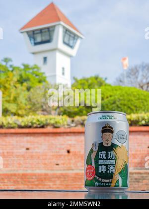 Tainan, JAN 5 2023 - Close up shot of special local beer in the Anping Old Fort Stock Photo