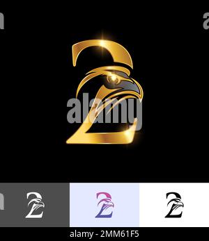 A vector illustration set of Golden Eagle Monogram Number 2 in black background with gold shine effect Stock Vector