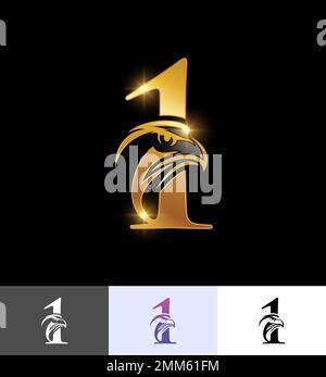 A vector illustration set of Golden Eagle Monogram Number 1 in black background with gold shine effect Stock Vector