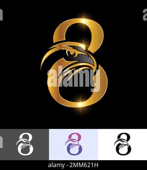 A vector illustration set of Golden Eagle Monogram Number 8 in black background with gold shine effect Stock Vector
