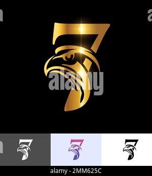 A vector illustration set of Golden Eagle Monogram Number 7 in black background with gold shine effect Stock Vector