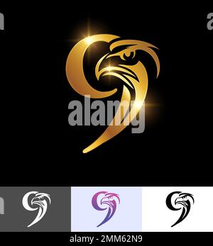 A vector illustration set of Golden Eagle Monogram Number 9 in black background with gold shine effect Stock Vector