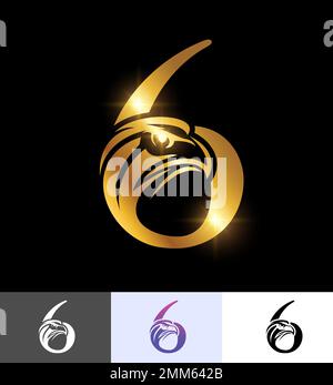 A vector illustration set of Golden Eagle Monogram Number 6 in black background with gold shine effect Stock Vector