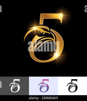 A vector illustration set of Golden Eagle Monogram Number 5 in black background with gold shine effect Stock Vector