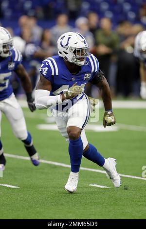 November 04, 2021: Indianapolis Colts linebacker Zaire Franklin (44) during  NFL football game action between the New York Jets and the Indianapolis  Colts at Lucas Oil Stadium in Indianapolis, Indiana. Indianapolis defeated