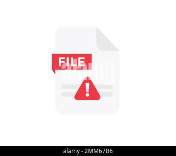 Red triangular warning icon on file, document with cautious error logo design. Problem, error and warning symbol, suspicious documents, warning risk. Stock Vector