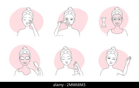 Skin care line icons set vector illustration. Outline sketches of female characters cleansing skin with skincare beauty products and procedures, girls apply clay mask with brush, wash with water Stock Vector