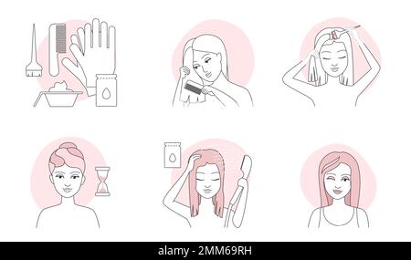 Hair coloring instruction thin line icons set vector illustration. Outline girl using gloves, paint brush and dye packaging to apply cream dye, infographic process to change hair color at home Stock Vector