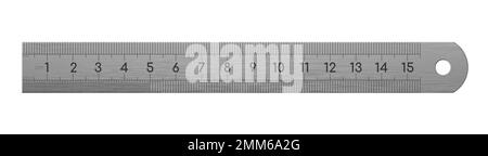 Realistic stainless steel metric ruler with cm scale. Detailed graphic design element. Office supply, school stationery. Isolated on white background. Stock Vector
