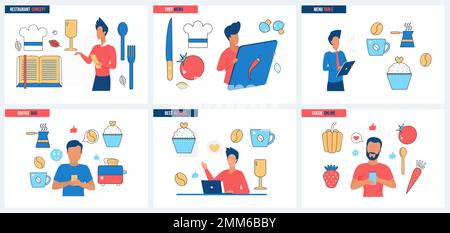 Chefs menu in restaurant, bar, coffee shop or cafe set vector illustration. Cartoon tiny people check out best online recipes and order food, cook wit Stock Vector