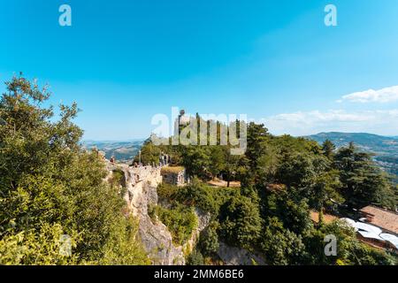 Seconda Torre - Cesta in the republic San Marino, Italy. Panoramic view with a beautiful fortress, a path over the abyss and greenery around Stock Photo