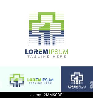 A vector illustration set of Green Cross and Number One Logo, moving line style logo Stock Vector
