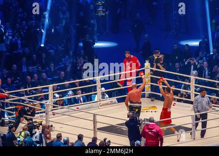 28-11-2015 Dusseldorf Germany. The fight is over - both boxers raised their hands to show that he was winning Stock Photo