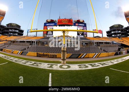 This is the Salute To Service goalpost padding at Acrisure Stadium before  an NFL football game between the Pittsburgh Steelers and the Cincinnati  Bengals in Pittsburgh, Sunday, Nov. 20, 2022. (AP Photo/Gene