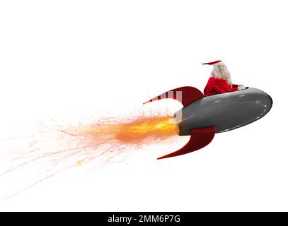 santa claus flies fast by a power rocket to deliver christmas gifts Stock Photo