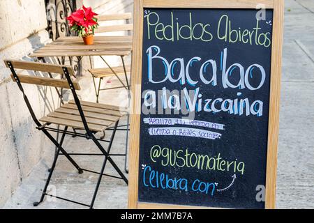 Mexico City,Avenida Alvaro ObregÃ³n Roma Norte Cuauhtemoc,chalkboard,catering service Bacalao a la Vizcaina Basque Stewed Salted Cod holiday staple,re Stock Photo
