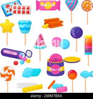 Bubble gum and candies. Isolated gummy pack, chewing gums and lollipops. Children candy, sweets on stick. Cartoon bubblegum neoteric vector package Stock Vector