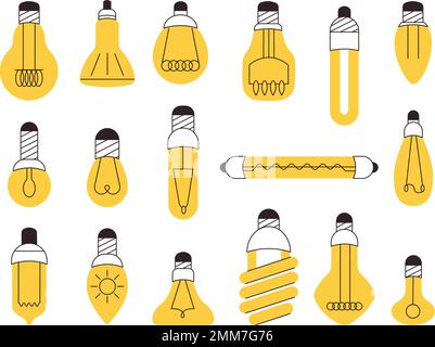 Flat minimal light bulbs design icons. Lighting bulb and filament, isolated energy, ideas and technology symbols. Decent electric led lamps vector set Stock Vector