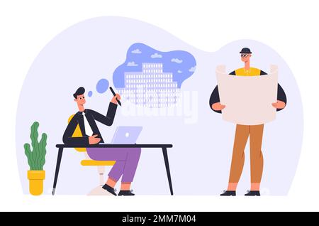 Architect people occupation. Man sitting at desktop with laptop and designing block of flats. Colleague character Stock Vector