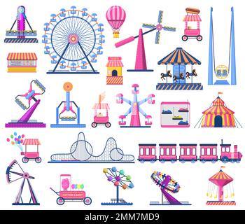 Attractions festive park elements as rollercoaster, circus tent, ferris wheel, and carousels. Shooting range, ice cream Stock Vector