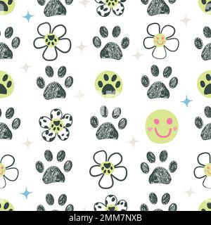 Daisies, smile faces, paw prints seamless fabric pattern Stock Vector