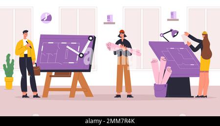 Builders, engineers, architects professional construction workers. People working in team, drawing plan of house Stock Vector