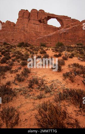 Skyline Arch is one of thousands of arches in Arches National Park in Utah, USA. Stock Photo