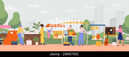 Flea market fair event, street fair. People selling second hand furniture, plants. Street sale with vintage goods, female and male characters Stock Vector
