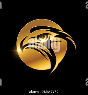 A vector illustration of Eagle Head in Golden Circle Logo in black background with gold shine effect Stock Vector