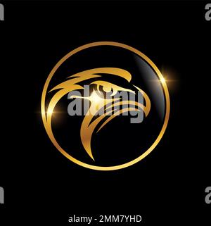 A vector illustration of Eagle Head in Golden Circle Logo in black background with gold shine effect Stock Vector