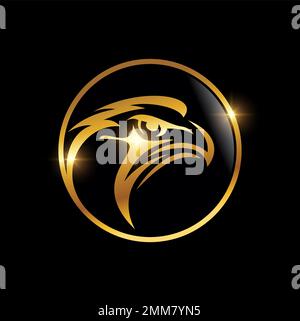 A vector illustration of Eagle Head in Golden Circle Logo in black background with gold shine effect Stock Vector