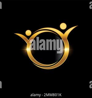 A vector Illustration of Golden People Circle Symbol Logo Sign in black background with gold shine effect Stock Vector